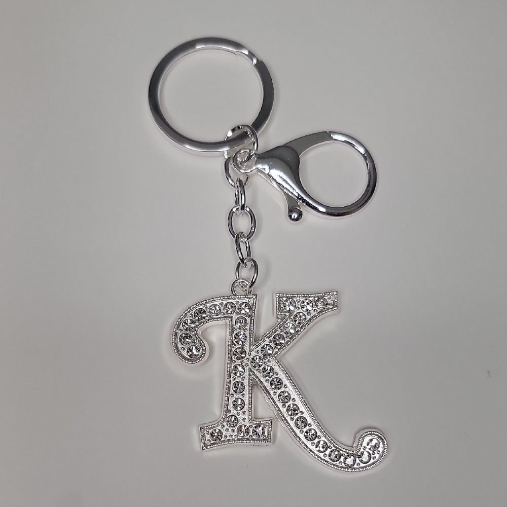 Letter K Initial K Alphabet K Rhinestone Silver Key Chain Bag Charm